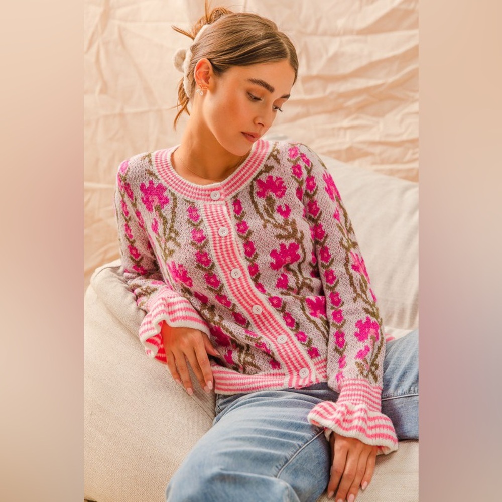 Pink Floral Intarsia Button Up Sweater Cardigan - Picture 4 of 16